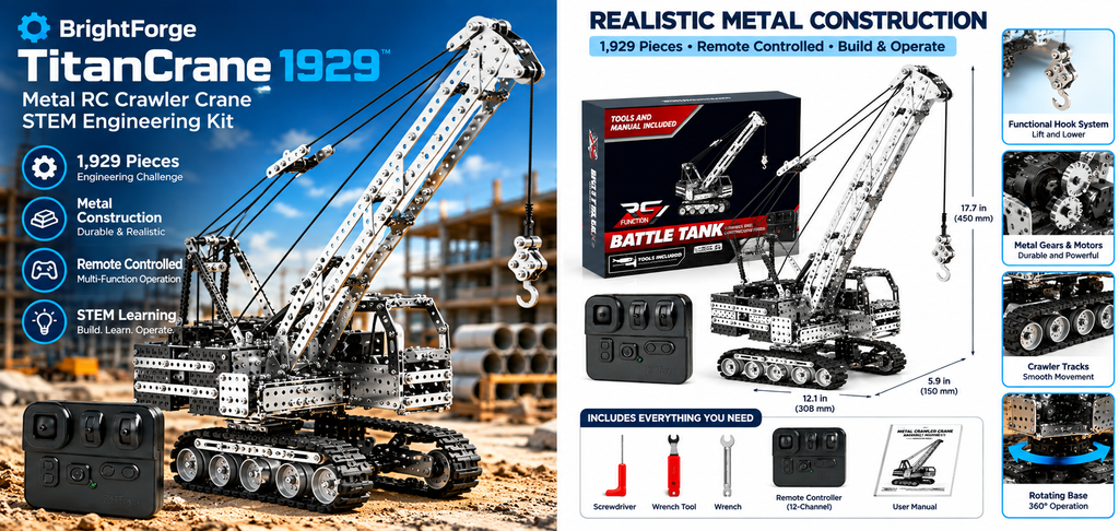 BrightForge TitanCrane 1929™ | 1,929-Piece Remote-Controlled Metal RC Crawler Crane STEM Engineering Kit