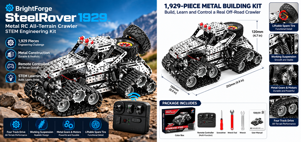 BrightForge SteelRover 1929™ | 1,929-Piece Metal Remote-Controlled All-Terrain Crawler STEM Building Kit