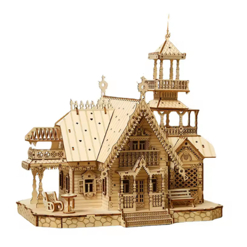 3D Puzzles Wooden Villa Castle Diy Wood Crafts Light-up Kids Toys Hobbies Educational Toys. Model Craft Kit-Home Decoration